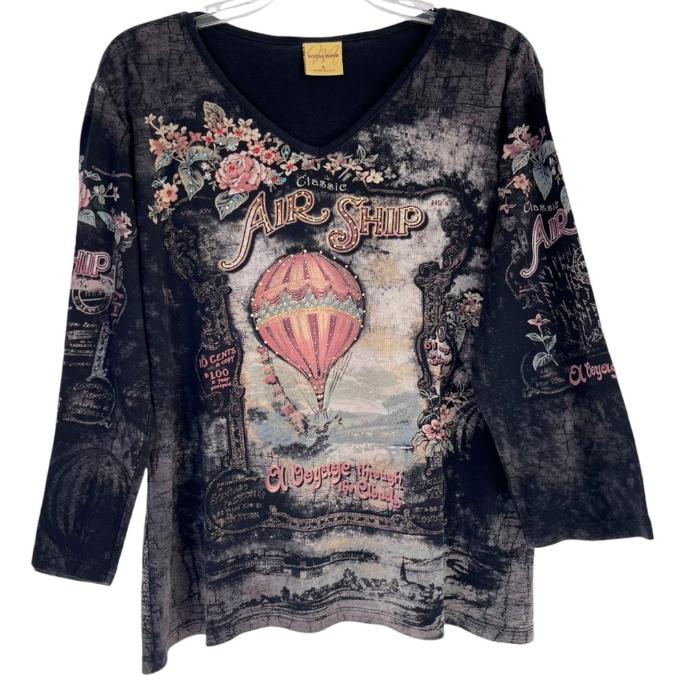 Katina Marie Womens All Over Print Top Size L Rhinestone Studs 3/4 Sleeve Artsy